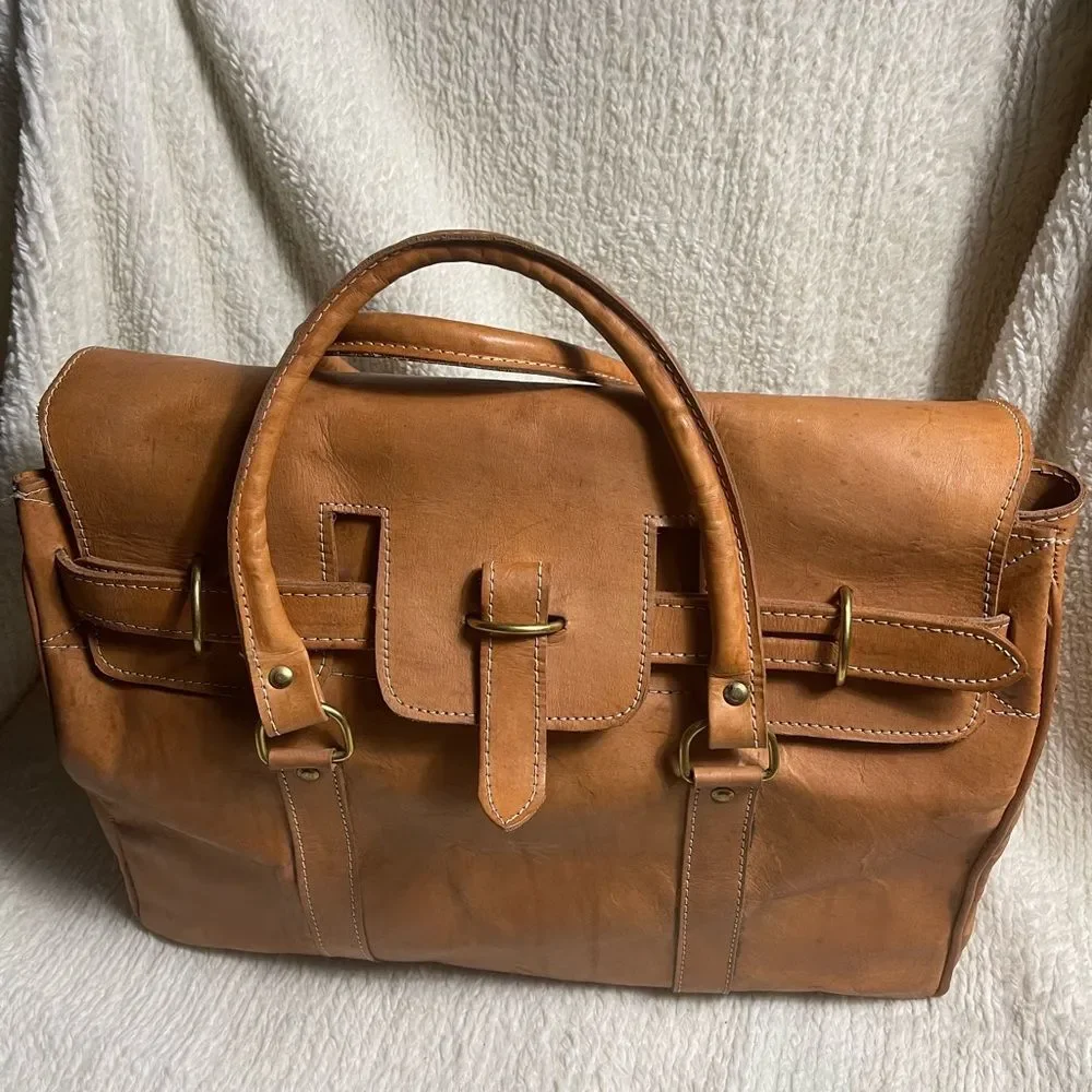 Classic Tan Leather Duffel travel weekender Bag gold tone hardwares
